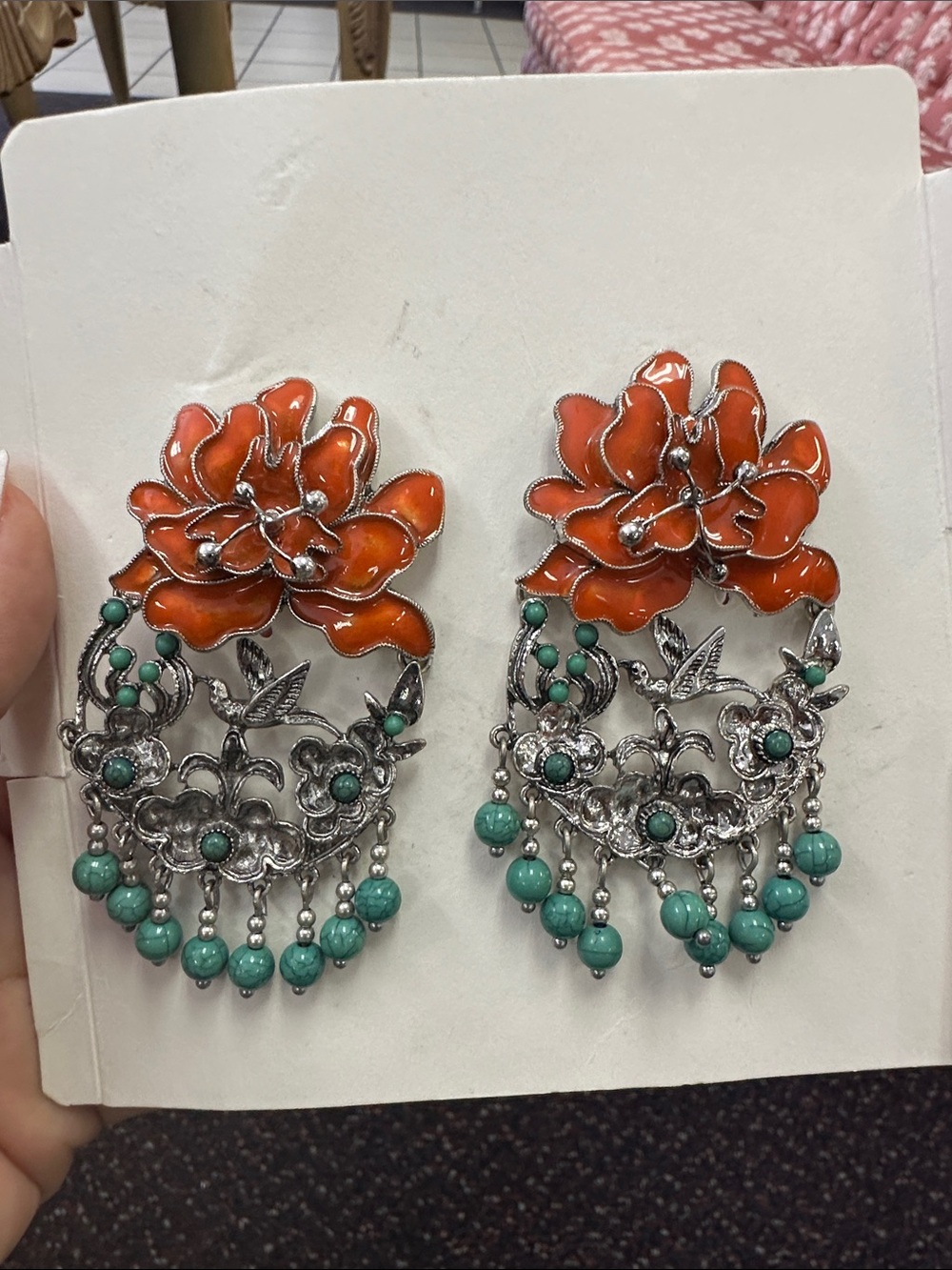 Zara Orange Floral Enamel & Turquoise Bead Dangle Earrings